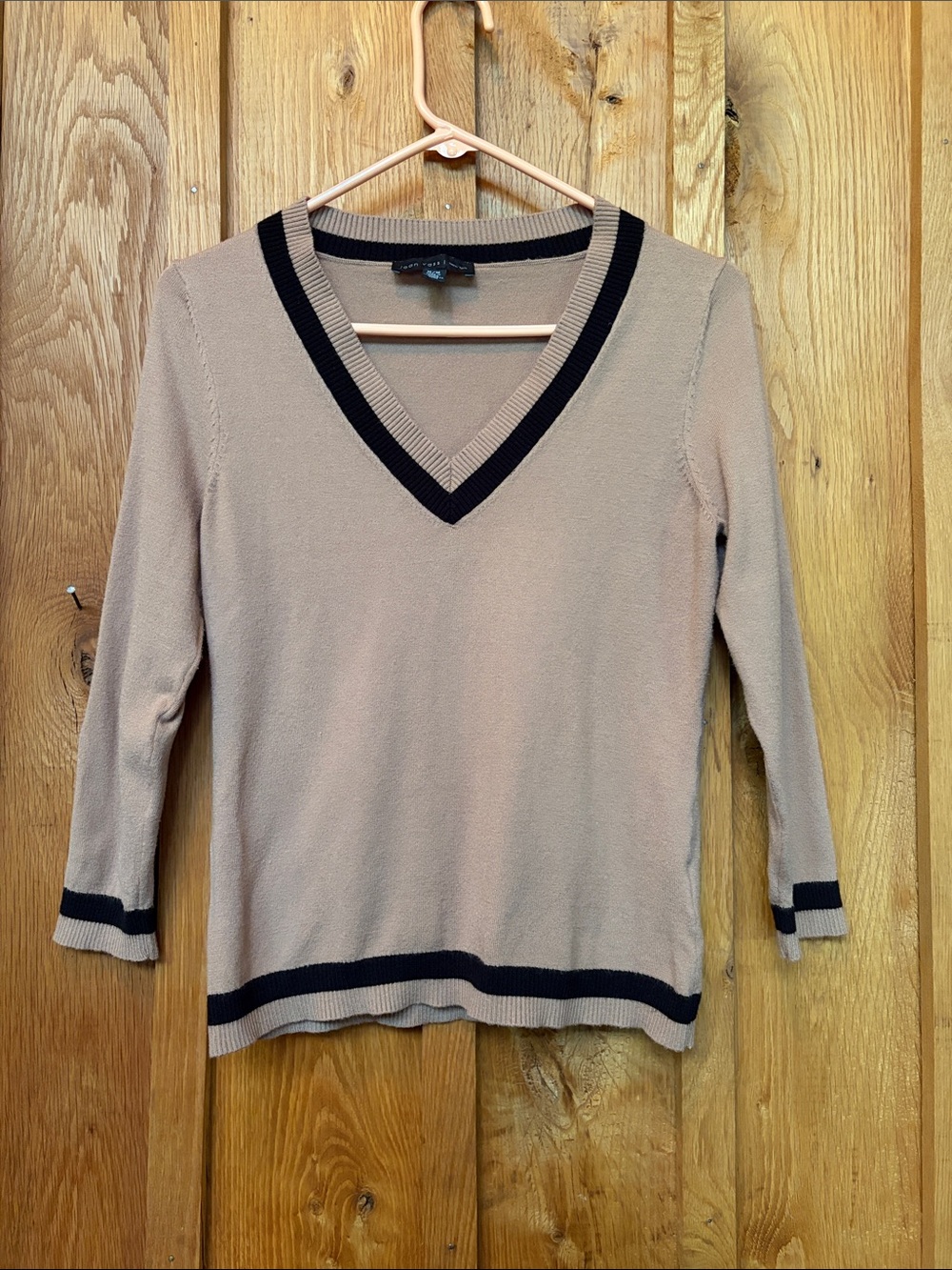 Joan Vass V-Neck Bodycon 3/4 Sleeve Knit Sweater, Medium, Light Brown Black Trim
